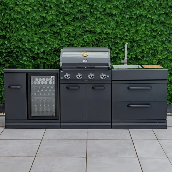 Zunanja kuhinja GRLLR Connect s hladilnikom, pomivalnim koritom in plinskim žarom Prime G4S za profesionalni BBQ.